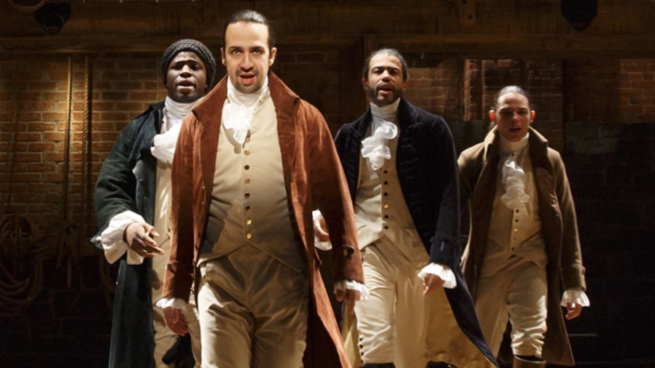 Anthony Ramos (far right) as John Laurens with his Hamilton co-stars Lin Manuel Miranda, Okieriete Onaodowan and Daveed Diggs, performing at the Public Theater in New York.