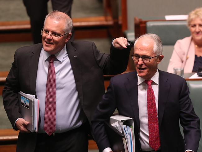 Scott Morrison points at Malcolm Turnbull in the lower house yesterday. Picture: Kym Smith