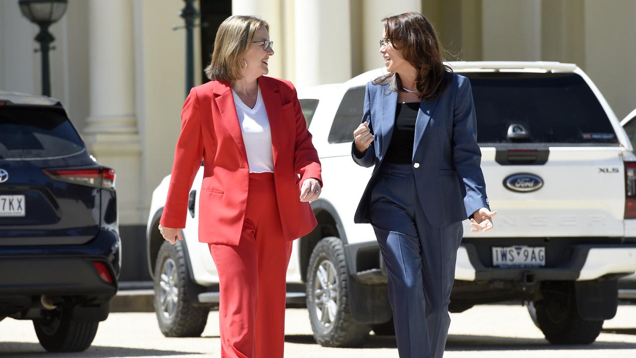 Premier Jacinta Allan with new Treasurer Jaclyn Symes. Picture: Andrew Henshaw