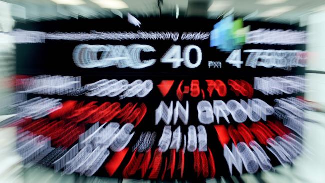 A photograph, taken with a zoom effect, shows the CAC 40 among stock tickers displayed at the headquarters of the Pan-European stock exchange Euronext, in La Defense district, near Paris, on March 9, 2020. Picture: AFP