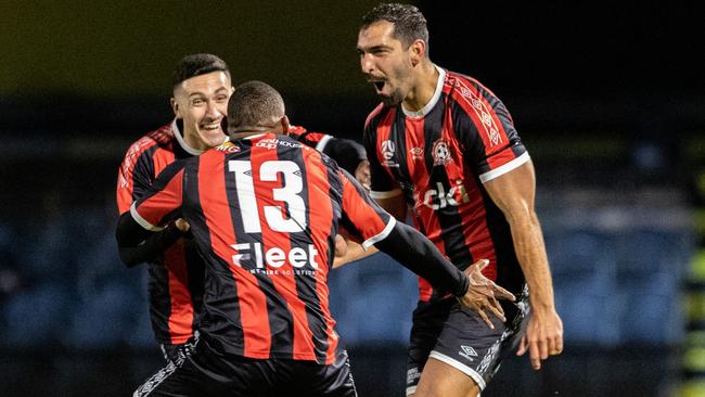 Altona Magic celebrates a goal against Heidelberg United. Picture: MP Images