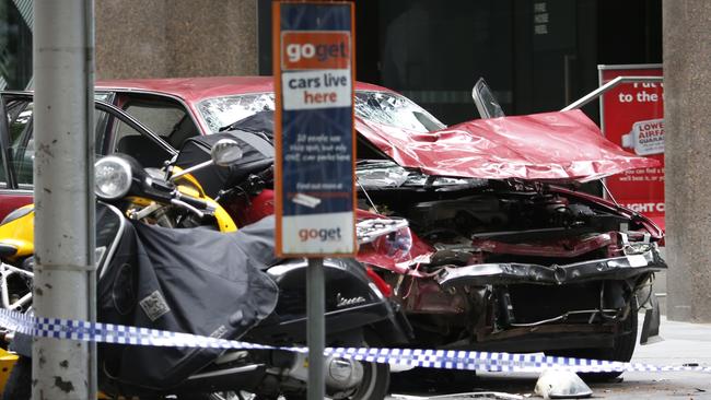 The smashed car after the Bourke St rampage. Picture: David Caird