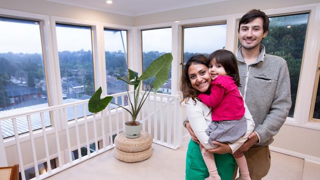 Angela Karanjai and Sam Elman, with daughter Maya, at their Arncliffe home which they are selling. Prices have plateaued in the area.