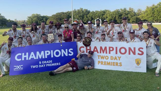 Palmerston Cricket Club's A and B-grade teams celebrating their Two-day premiership victories together. Picture: Palmerston Cricket Club Facebook.