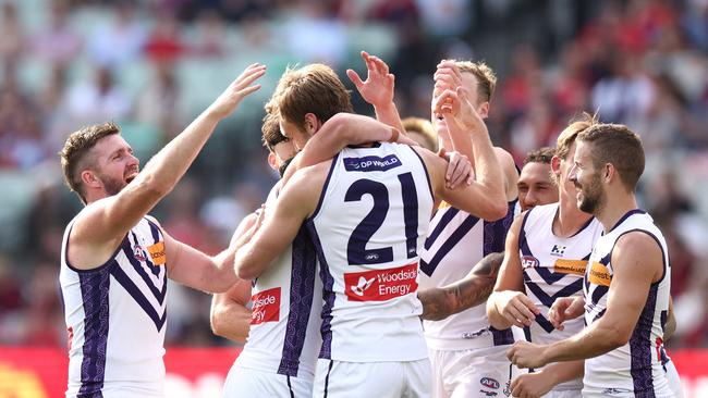 Oscar McDonald kicked a goal as the Dockers stayed in the game. (Photo by Jonathan DiMaggio/AFL Photos/via Getty Images)