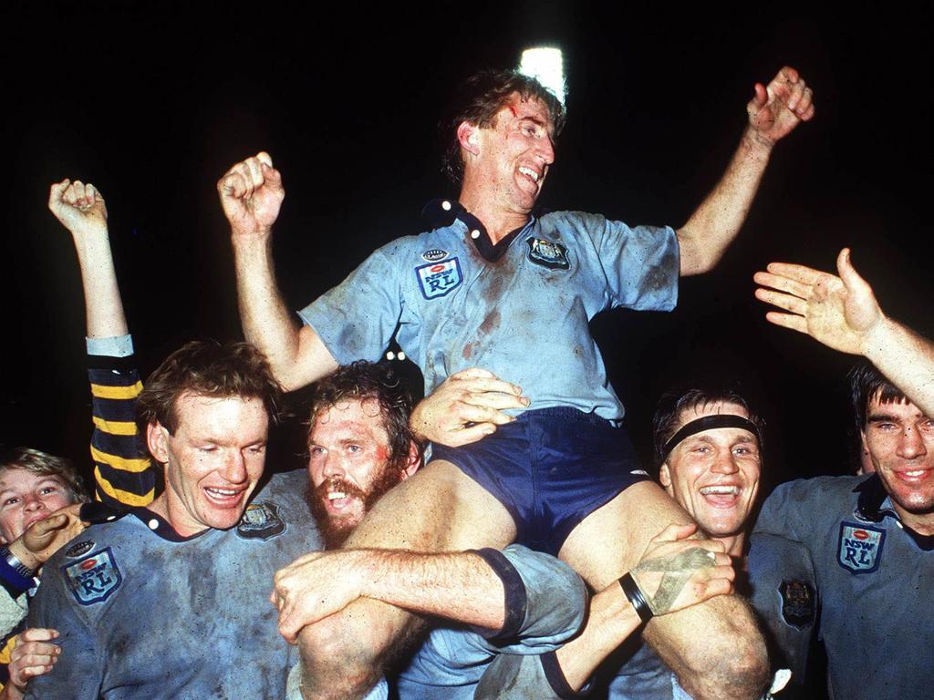 Steve Mortimer is carried from the field after leading NSW To State of Origin victory in 1985.