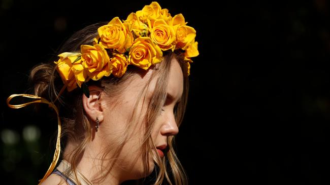 A marigold floral headpiece. Photo by Darrian Traynor/Getty Images.