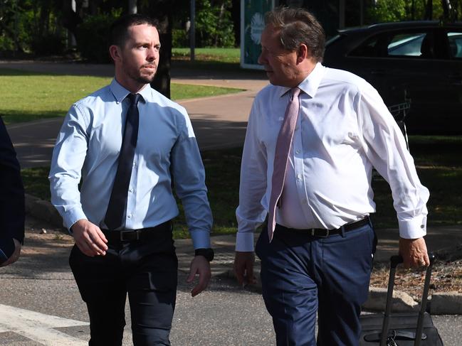 Zach Rolfe speaks with his lawyer, David Edwardson KC, outside the Supreme Court earlier this year. Picture: (A)manda Parkinson