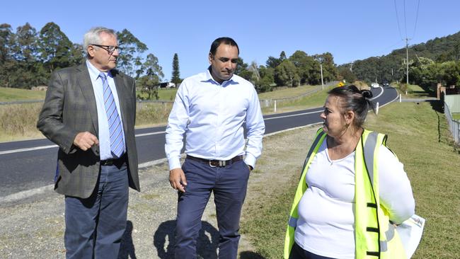 George Cecato with Coffs Harbour MP Gurmesh Singh and Coramba Rd property owner Allison Lipman. Picture: Tim Jarrett