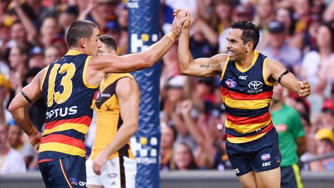 Taylor Walker and Eddie Betts, like they did so often, celebrate a Crows goal in 2019. Picture: David Mariuz