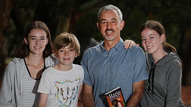 Botany author Peter Harrold with his children Caitlyn, Cameron and Lydia and his new book, <span id="U324013595320cH" style="font-weight:normal;font-style:italic;">Maria and the Ghost of Barrengarry</span>. Picture: Danny Aarons