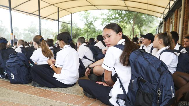 Start of assembly at Emmaus Catholic College, Kemps Creek. Pictured during the first assembly. Picture: Dylan Robinson