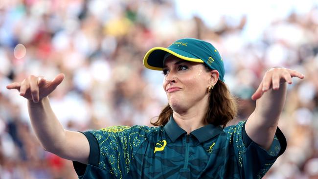 PARIS, FRANCE - AUGUST 09: B-Girl Raygun of Team Australia  reacts during the B-Girls Round Robin - Group B on day fourteen of the Olympic Games Paris 2024 at Place de la Concorde on August 09, 2024 in Paris, France. (Photo by Elsa/Getty Images)