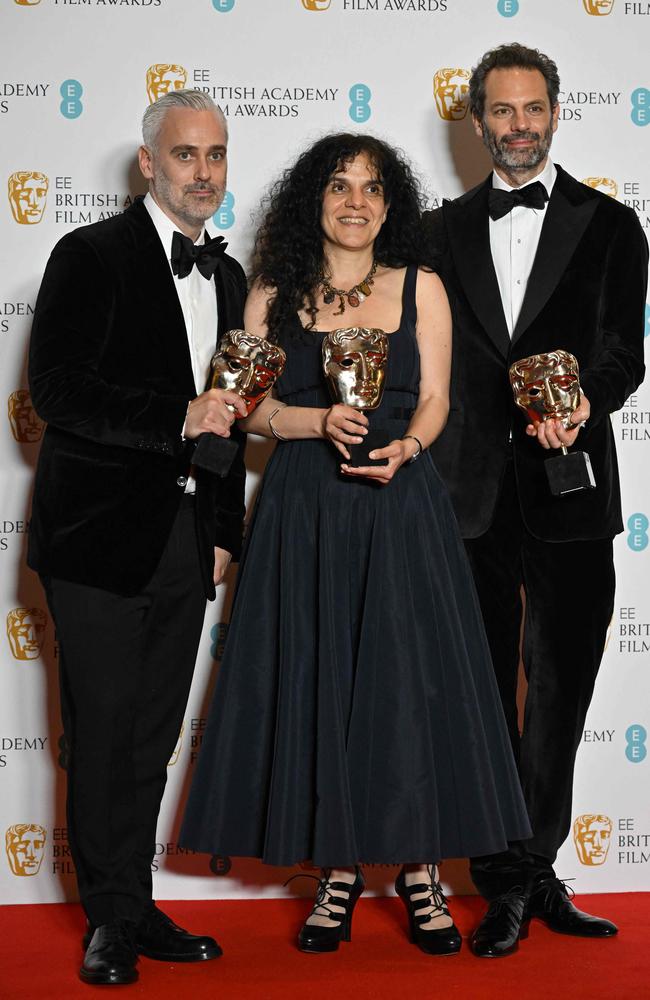 British producer Iain Canning, British producer Tanya Seghatchian and Australian producer Emile Sherman pose with their awards for Best Film for 'The Power of the Dog' shared with New Zealand director Jane Campion and Canadian director Roger Frappier (not pictured) at the BAFTA British Academy Film Awards. Picture: AFP