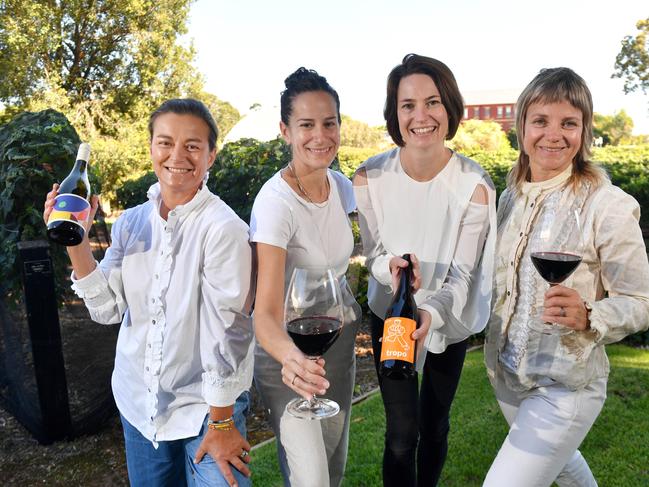 6/2/23. Women in Wine drinks program launch for Tasting Australia at the National Wine Centre - Amelia Nolan (Alkina Wines), Meira Harel (TA drinks curator), Laura Carter (Unico Zelo wines) and Charlotte Hardy (Charlotte Dalton wines).(We couldn't go inside the vine space and the vines were netted)Picture: Keryn Stevens