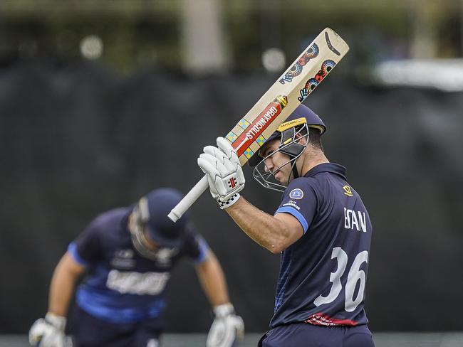 Vic Premier Cricket grand final. Prahran v Dandenong. Prahran batsman Damon Egan celebrates 50 runs. Picture: Valeriu Campan