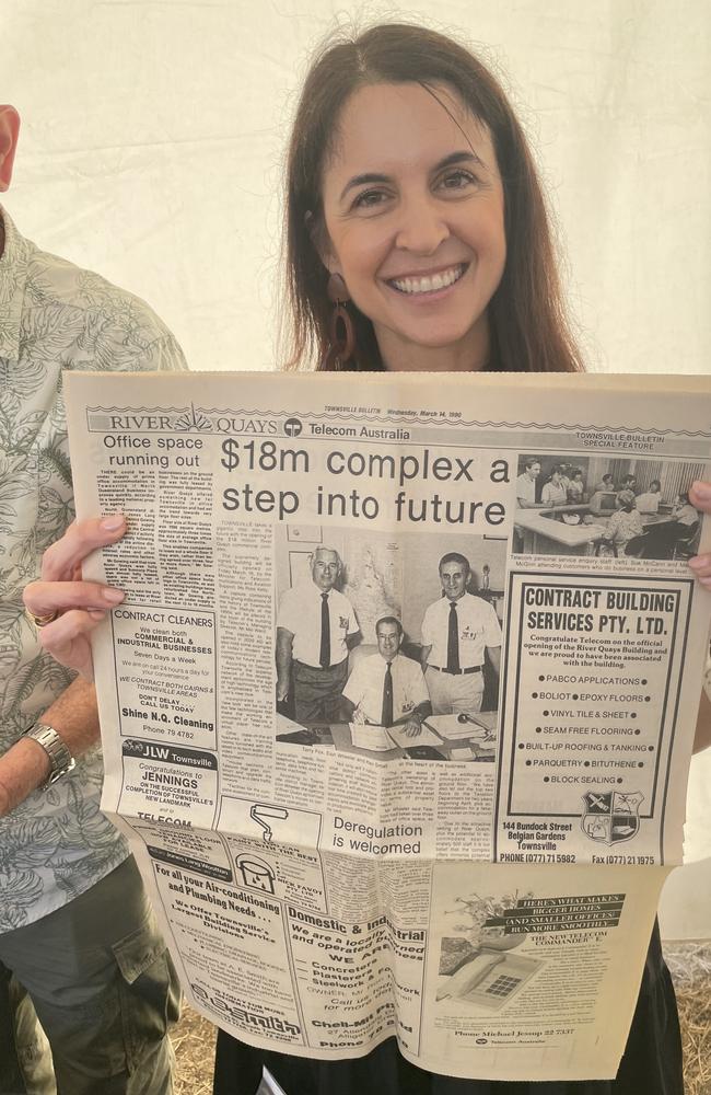 Telstra Regional General Manager North Queensland Rachel Cliffe holds up a Townsville Bulletin from March 14, 1990. Picture: Leighton Smith.