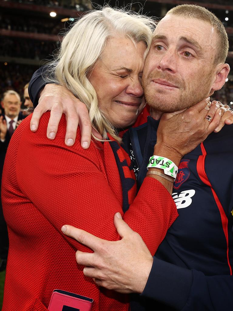 Demons president Kate Roffey hugs Goodwin after the 2021 Grand Final win. Photo: Michael Klein