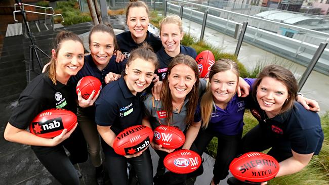 Inaugural AFLW Draft first-round selections (from left) Nicola Stevens (Collingwood), Emily Bates (Brisbane), Bianca Jakobsson (Carlton), Ebony Marinoff (Adelaide), Jaimee Lambert (Bulldogs), Nicola Barr (GWS), Hayley Miller (Fremantle) and Elise O'Dea (Melbourne). Picture: Tim Carrafa