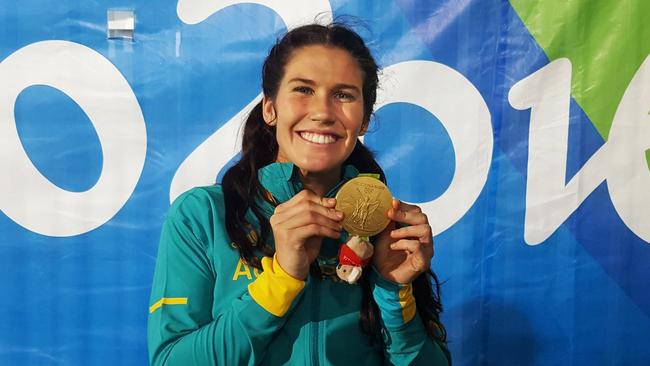 Charlotte Caslick with her Olympic gold medal in 2016.