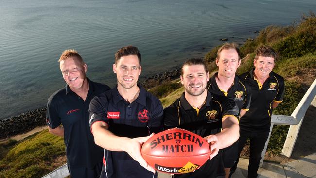 Mt Eliza coach Troy Shannon and captain Sam Gill, and Frankston YCW's co-captains Kevin Lylak and Jie Coghlan, and first-year coach Wayne Capp prepare to reignite their rivalry following their grand final clash last season. Picture: Jason Sammon.