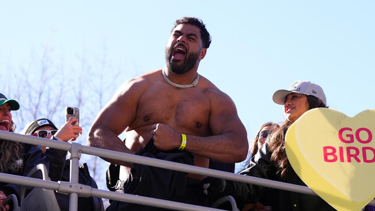 Jordan Mailata #68 of the Philadelphia Eagles celebrates during the Philadelphia Eagles Super Bowl Championship Parade. Picture: Mitchell Leff / Getty