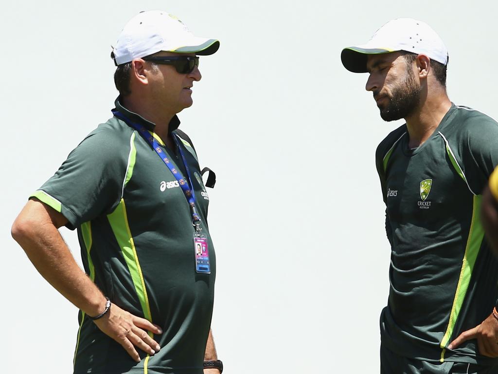 Australian selector Mark Waugh speaks to Fawad Ahmed during the 2015 series in the West Indies. Picture: Getty