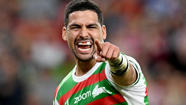 BRISBANE, AUSTRALIA – MAY 15: Cody Walker of the Rabbitohs celebrates scoring a try during the round 10 NRL match between the Cronulla Sharks and the South Sydney Rabbitohs at Suncorp Stadium, on May 15, 2021, in Brisbane, Australia. (Photo by Bradley Kanaris/Getty Images)