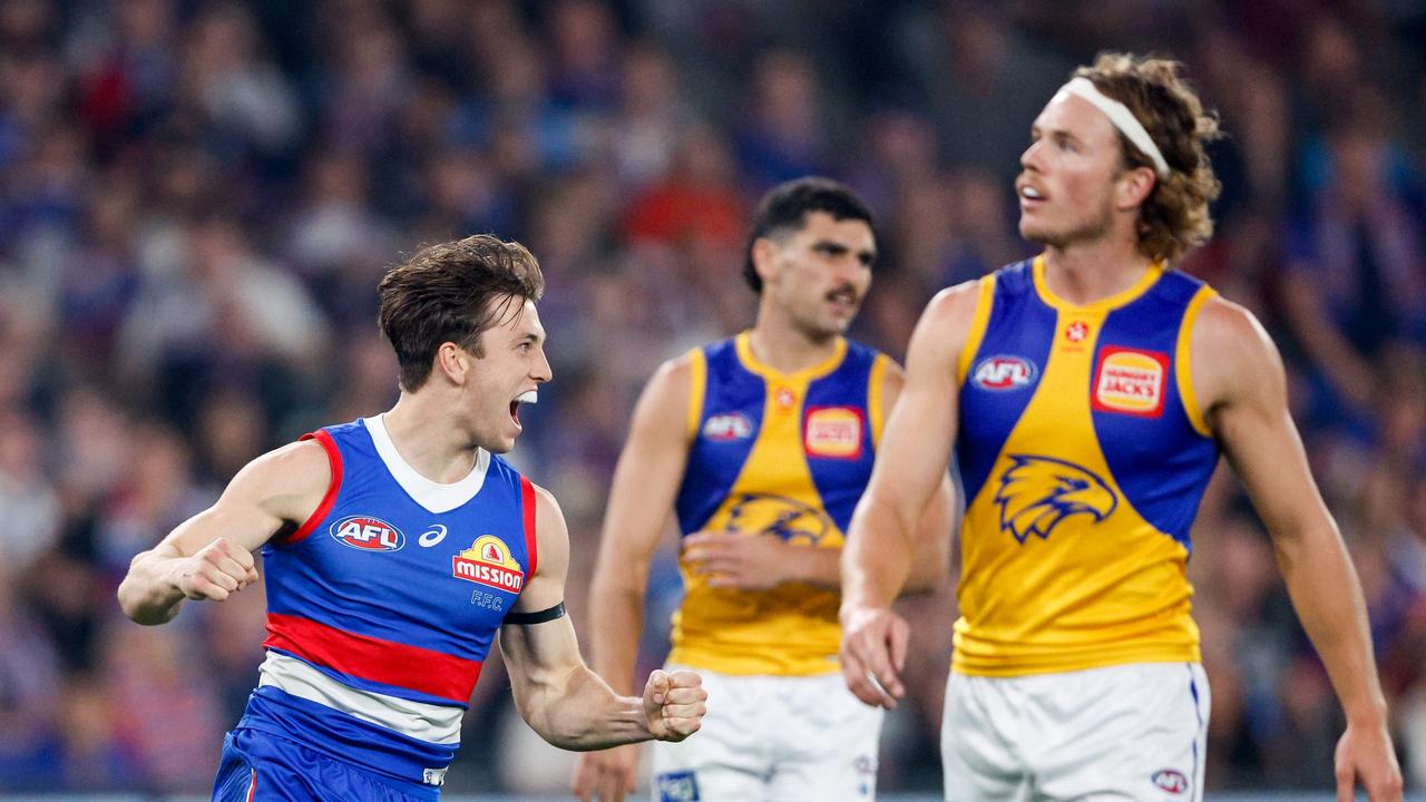 Harvey Gallagher of the Bulldogs celebrates a goal against the Eagles. (Photo by Dylan Burns/AFL Photos via Getty Images)