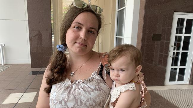 Rachael Sellers with her daughter April outside the Darwin Supreme Court. Picture: Sarah Matthews