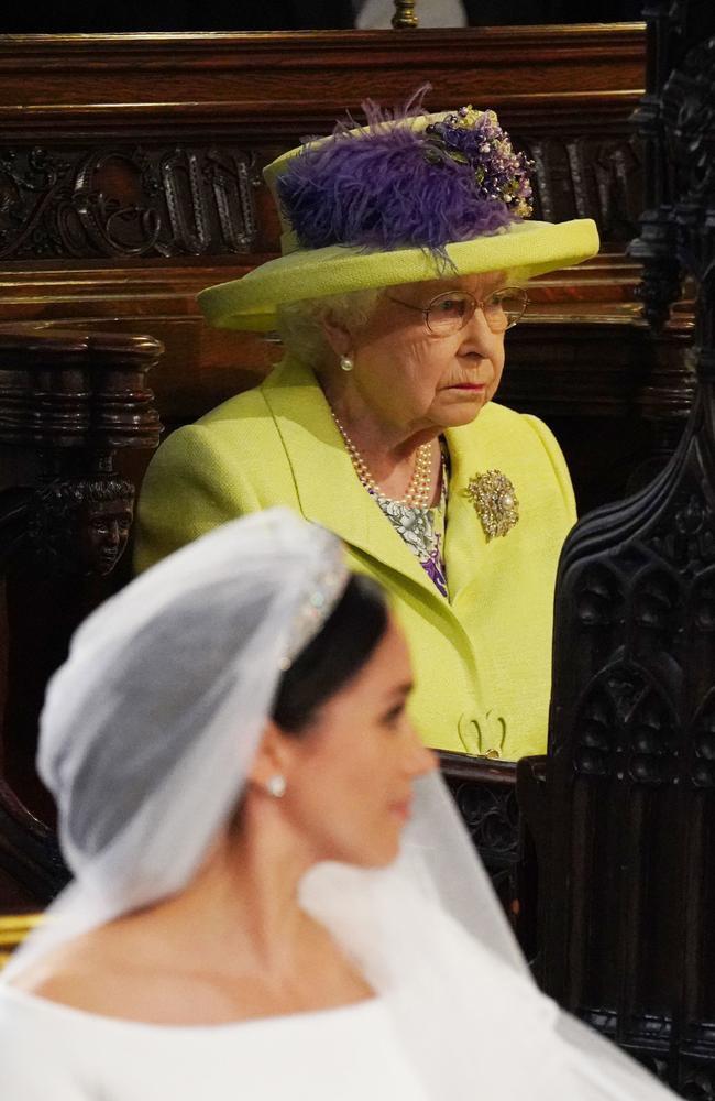 The Queen looks on during the Bishop’s lengthy sermon.  Picture: Getty