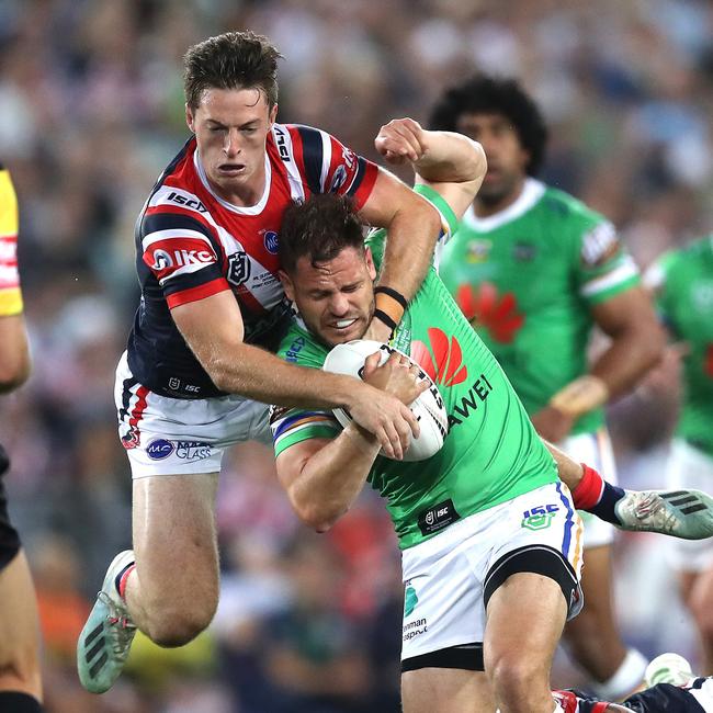 Sam Verrills tackles for the Roosters during the grand final against the Canberra Raiders. Picture: Phil Hillyard