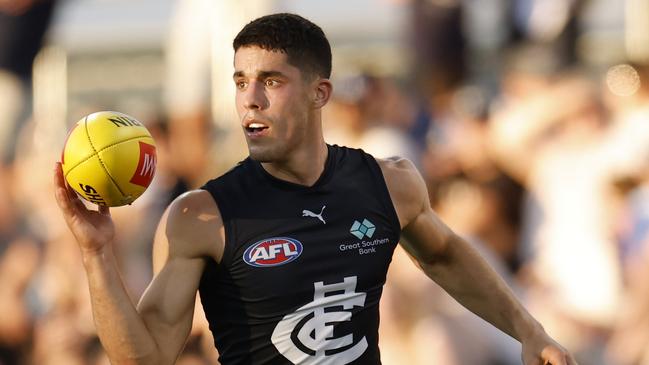 CANBERRA, AUSTRALIA - FEBRUARY 28: Adam Cerra of the Blues runs with the ball during the 2025 AAMI AFL Community Series match between Greater Western Sydney Giants and Carlton Blues at Manuka Oval on February 28, 2025 in Canberra, Australia. (Photo by Darrian Traynor/Getty Images)