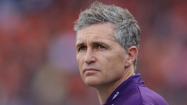 SYDNEY, AUSTRALIA - AUGUST 17: Justin Longmuir, Senior Coach of the Dockers looks on during the round 23 AFL match between Greater Western Sydney Giants and Fremantle Dockers at ENGIE Stadium on August 17, 2024 in Sydney, Australia. (Photo by Jason McCawley/AFL Photos/via Getty Images)