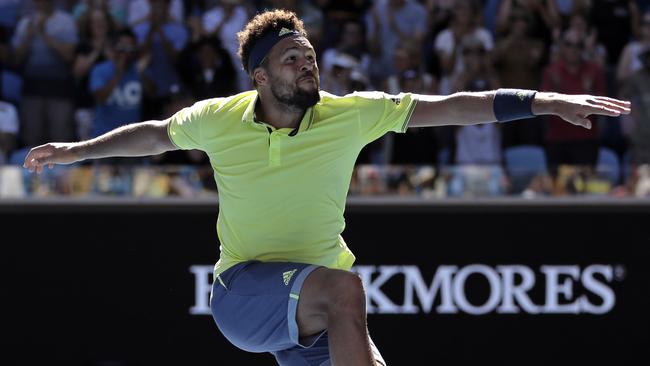 Jo-Wilfried Tsonga jumps for joy after his thrilling victory over Canada’s Denis Shapovalov. Picture: AP