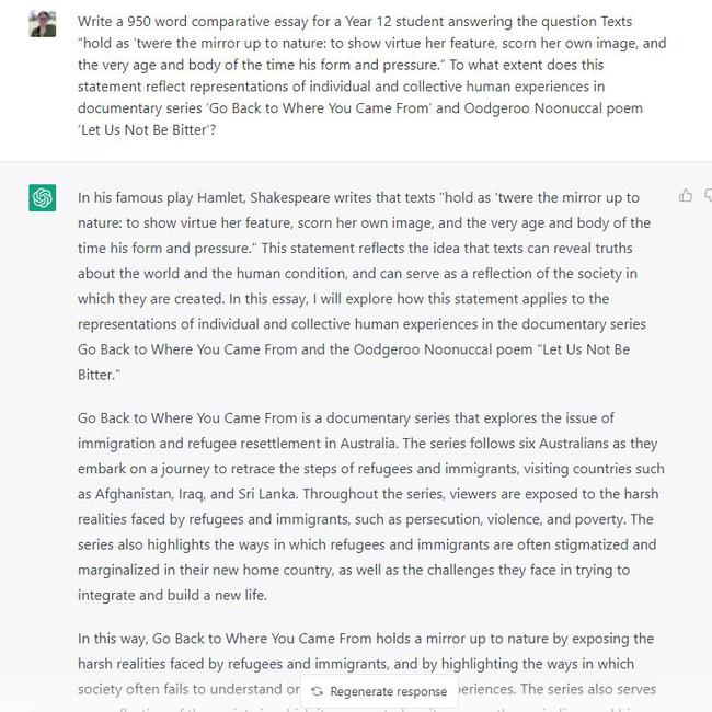 ChatGPT generated a passable Year 12 English essay when provided a topic question created by experts and a few additional parameters.