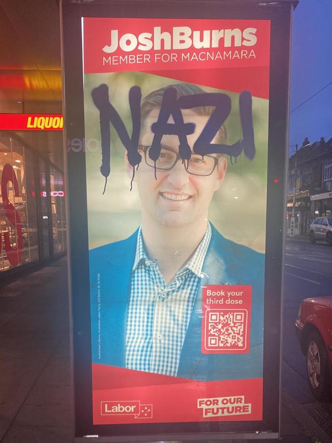 Josh Burns’ election poster was defaced at Elsternwick.