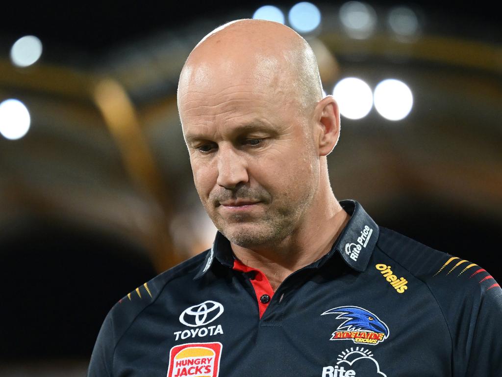 GOLD COAST, AUSTRALIA – MARCH 16: Head coach Matthew Nicks of the Crows looks on during the round one AFL match between Gold Coast Suns and Adelaide Crows at People First Stadium, on March 16, 2024, in Gold Coast, Australia. (Photo by Matt Roberts/AFL Photos/via Getty Images )