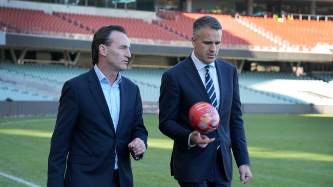 Premier Peter Malinauskas and AFL Chief Executive Andrew Dillon at Adelaide Oval in July, 2024, announcing dates for the 2025 AFL Gather Round. Picture: Dean Martin