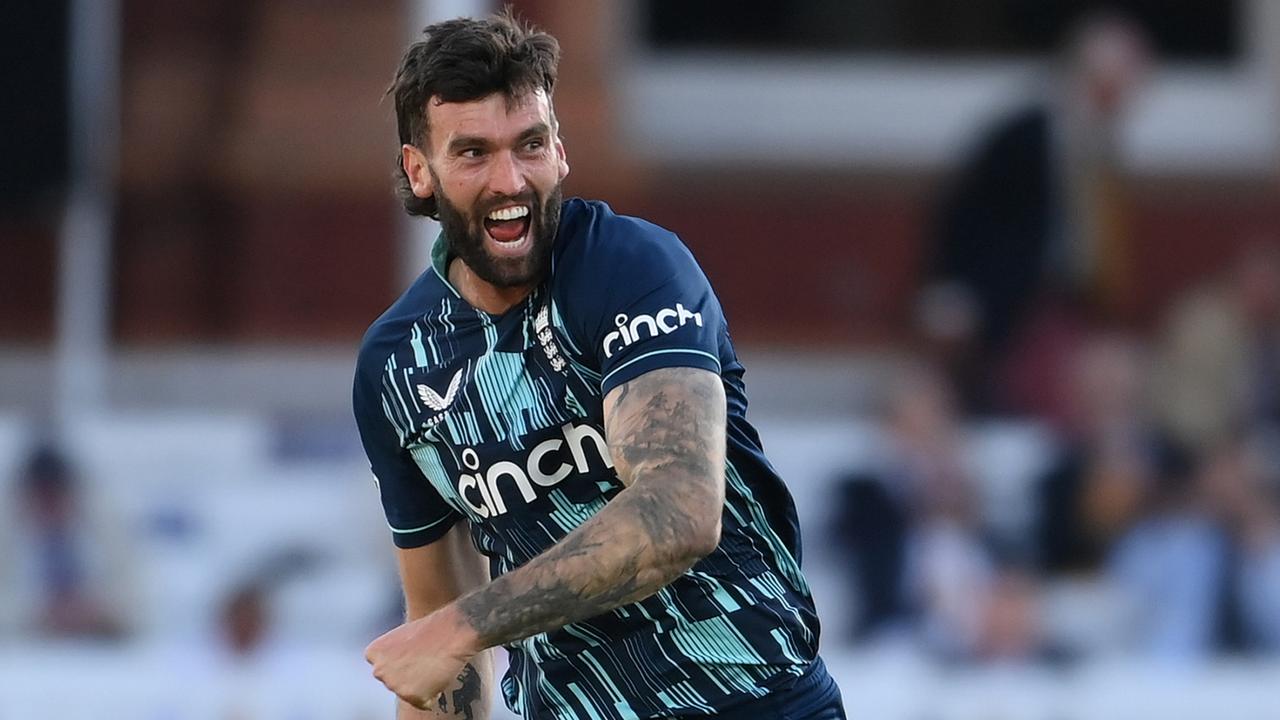 LONDON, ENGLAND - JULY 14: Reece Topley of England celebrates after dismissing Prasidh Krishna of India for his sixth wicket during the 2nd Royal London Series One Day International between England and India at Lord's Cricket Ground on July 14, 2022 in London, England. (Photo by Mike Hewitt/Getty Images)