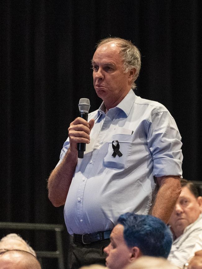 Ken Cunliffe of Voices of Victims asks a question at the Toowoomba Community Safety Forum at Empire Theatres. Picture: Kevin Farmer