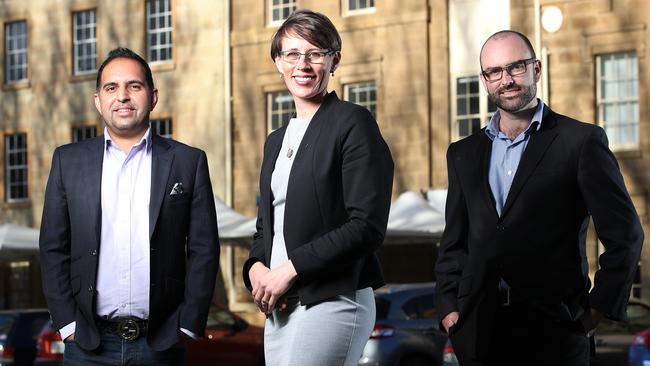 Members of Hobart business group Business Blindspot Tasmania, Raz Haroon, Rachael Downie and James Baker. Picture: ZAK SIMMONDS