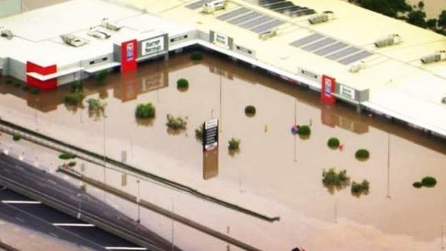 Flood waters around Harvey Norman Oxley in February.