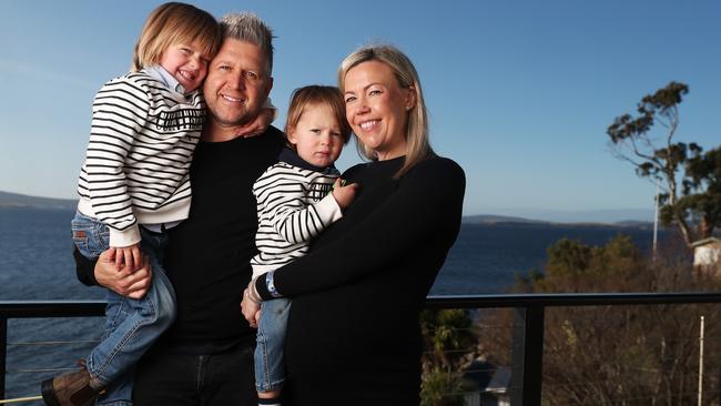 Chef Massimo Mele at home in Hobart with kids Rio, 2, and Max, 5, and wife Kristy. Picture: NIKKI DAVIS-JONES.