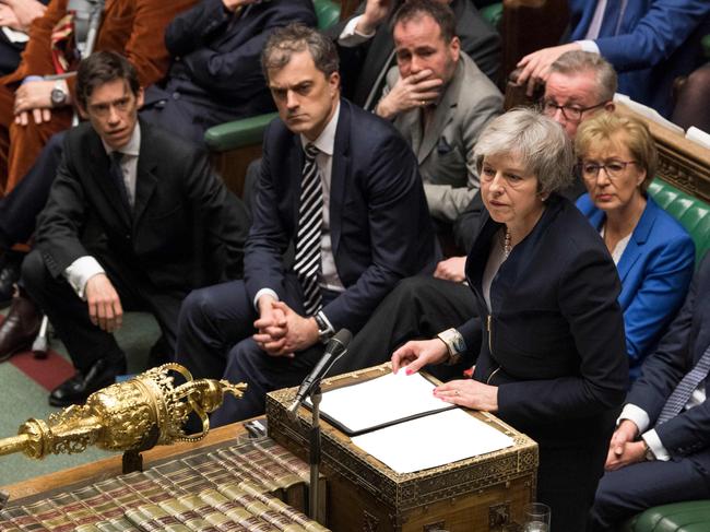 A handout photograph released by the UK Parliament shows Britain's Prime Minister Theresa May making a statement in the House of Commons in London on January 15, 2019 directly after MPs rejected the government's Brexit deal. - Britain's parliament on Tuesday resoundingly rejected Prime Minister Theresa May's Brexit deal, triggering a no-confidence vote in her government and leaving the country on track to crash out of the EU. (Photo by Mark DUFFY / various sources / AFP) / RESTRICTED TO EDITORIAL USE - NO USE FOR ENTERTAINMENT, SATIRICAL, ADVERTISING PURPOSES - MANDATORY CREDIT " AFP PHOTO /MARK DUFFY / UK Parliament"