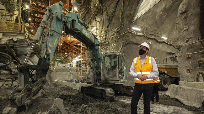 In high-vis mode … Daniel Andrews inspects a station on the Metro Rail project. Picture: Daniel Pockett