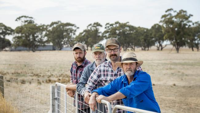 Farmers Brad (left) and Trevor McDonald, Ian Coates and Barry Batters say massive power transmission pylons and easements will slash their St Arnaud properties’ values. PICTURE: ZOE PHILLIPS