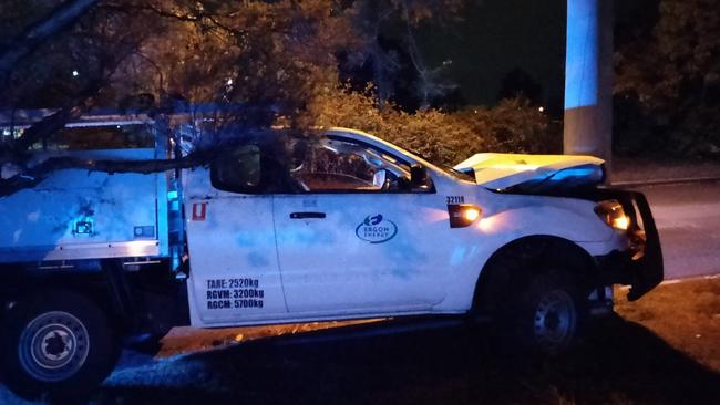 A stolen Ergon ute was found abandoned after it crashed into a pole in Mount Louis. Picture: Alison Wolfenden/Facebook