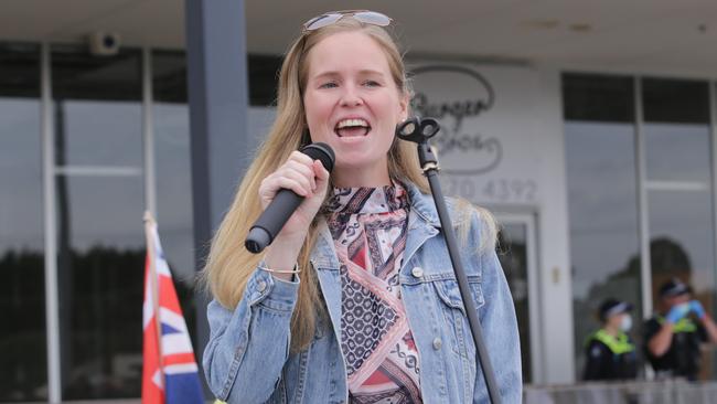 Monica Smit protests outside former Federal Health Minister Greg Hunt’s electoral office in Somerville in February 2021. Picture: Wayne Taylor