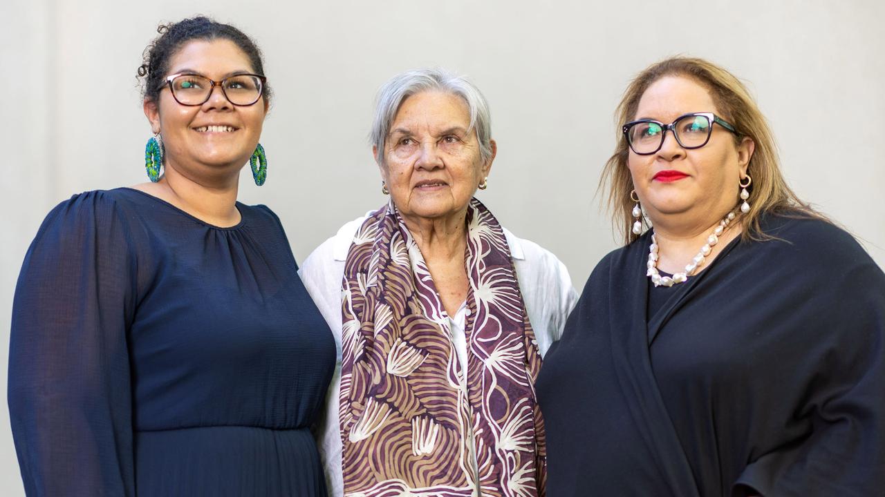 Uluru Youth Dialogue co-chair Bridget Cama alongside Pat Anderson and Megan Davis of the Referendum Working Group and Referendum Engagement Group. Picture: NCA NewsWire / Gary Ramage